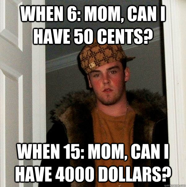 When 6: Mom, can I have 50 cents? When 15: Mom, Can I have 4000 dollars?  Scumbag Steve