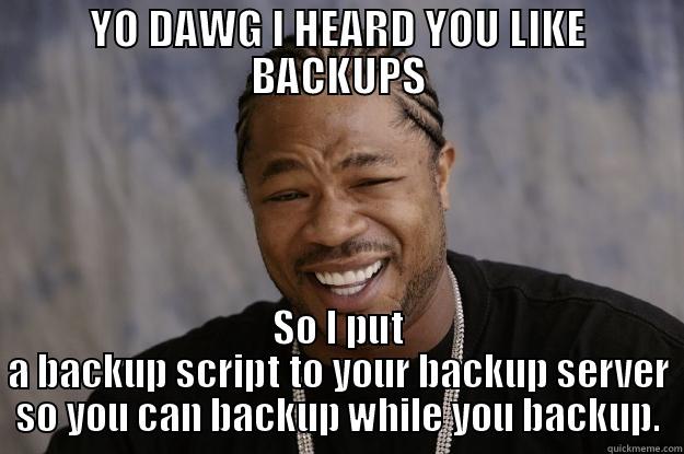 YO DAWG I HEARD YOU LIKE BACKUPS SO I PUT A BACKUP SCRIPT TO YOUR BACKUP SERVER SO YOU CAN BACKUP WHILE YOU BACKUP. Xzibit meme