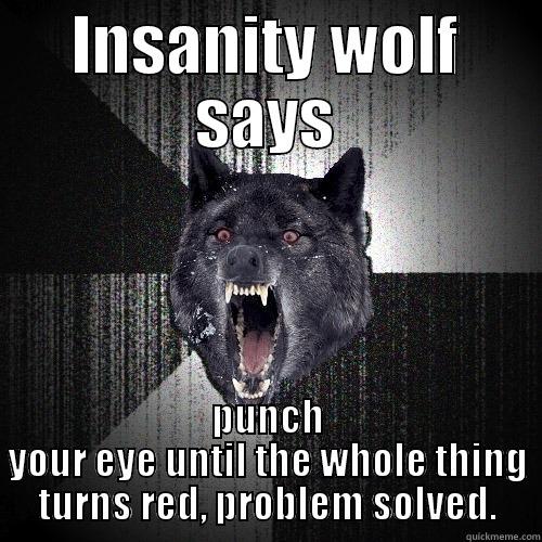 INSANITY WOLF SAYS PUNCH YOUR EYE UNTIL THE WHOLE THING TURNS RED, PROBLEM SOLVED. Insanity Wolf