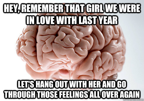 Hey, remember that girl we were in love with last year let's hang out with her and go through those feelings all over again  Scumbag Brain