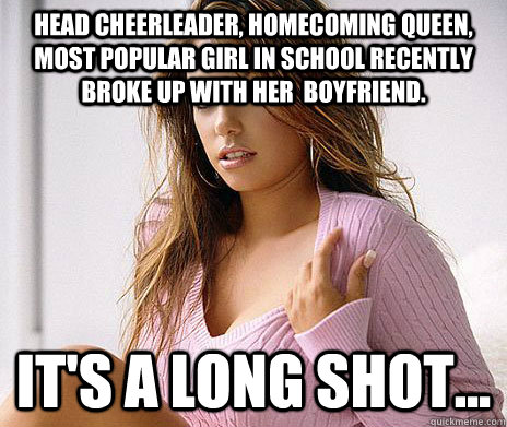 Head cheerleader, Homecoming queen, most popular girl in school recently broke up with her  boyfriend. It's a long shot...  Long Shot Laine