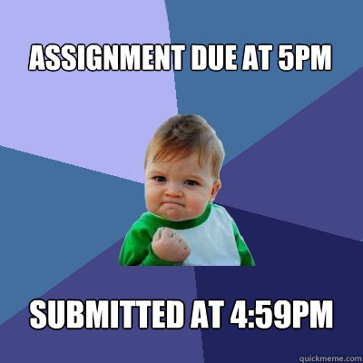 Assignment due at 5PM Submitted at 4:59PM  Success Kid