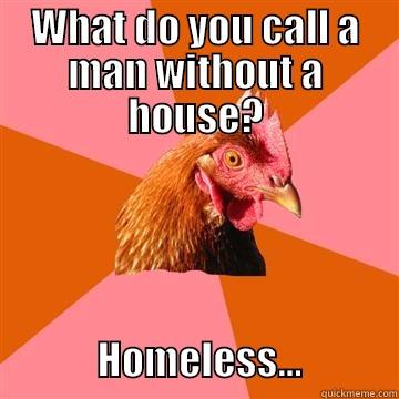 WHAT DO YOU CALL A MAN WITHOUT A HOUSE?                       HOMELESS...            Anti-Joke Chicken