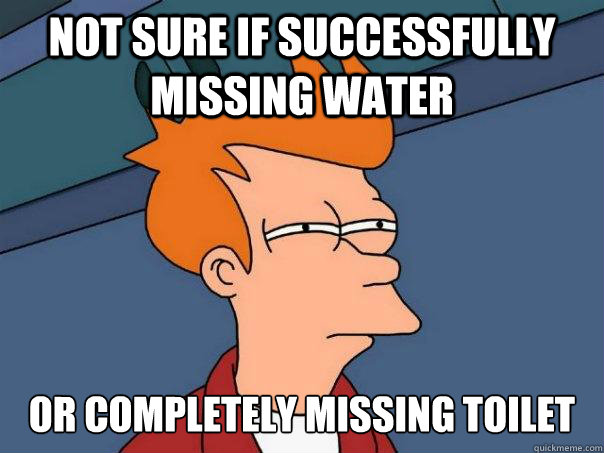 not sure if successfully missing water or completely missing toilet  Futurama Fry