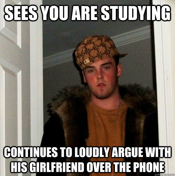 Sees you are Studying Continues to loudly argue with his girlfriend over the phone  Scumbag Steve