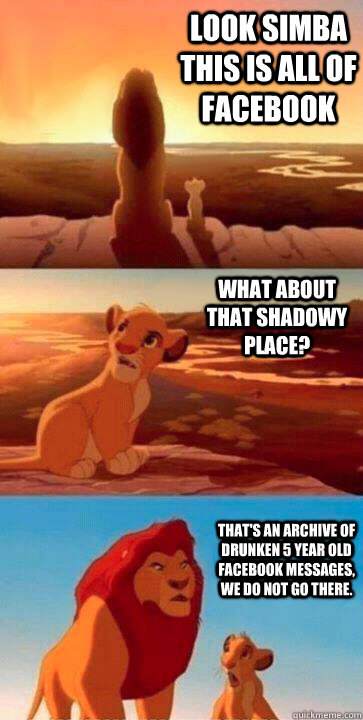 Look Simba this is all of Facebook what about that shadowy place? That's an archive of drunken 5 year old Facebook messages, we do not go there. - Look Simba this is all of Facebook what about that shadowy place? That's an archive of drunken 5 year old Facebook messages, we do not go there.  SIMBA