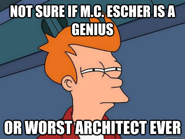 Not sure if m.c. escher is a genius or worst architect ever - Not sure if m.c. escher is a genius or worst architect ever  Futurama Fry