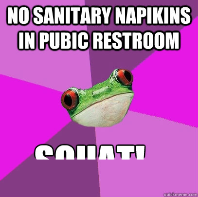 No sanitary napikins in pubic restroom squat!  Foul Bachelorette Frog