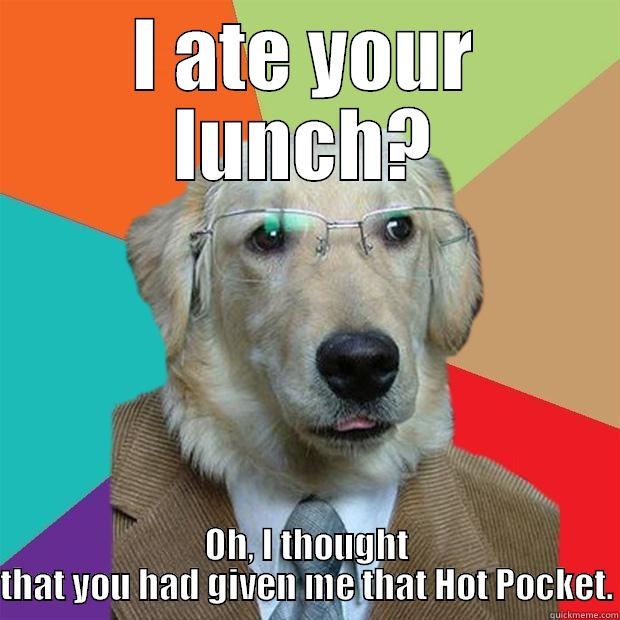 I ate your lunch? - I ATE YOUR LUNCH? OH, I THOUGHT THAT YOU HAD GIVEN ME THAT HOT POCKET. Business Dog