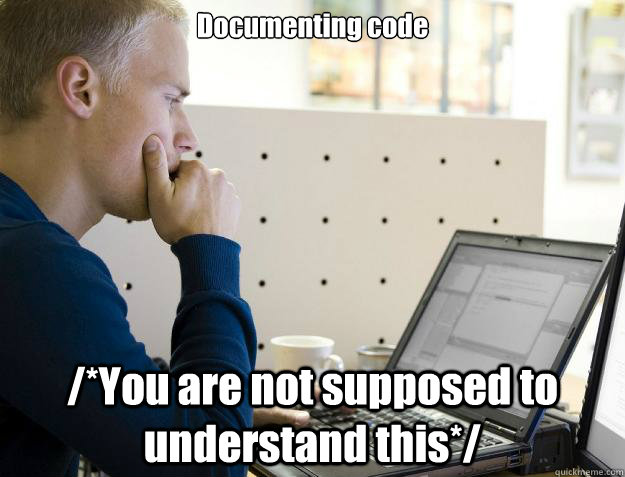 Documenting code /*You are not supposed to understand this*/  Programmer