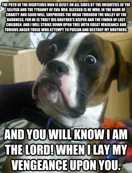 The path of the righteous man is beset on all sides by the inequities of the selfish and the tyranny of evil men. Blessed is he who, in the name of charity and good will, shepherds the weak through the valley of the darkness. For he is truly his brother's  Baffled boxer