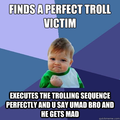 finds a perfect troll victim executes the trolling sequence perfectly and u say umad bro and he gets mad   Success Kid