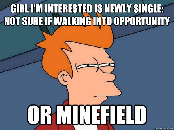 Girl I'm interested is newly single:
Not sure if walking into opportunity Or minefield  Futurama Fry