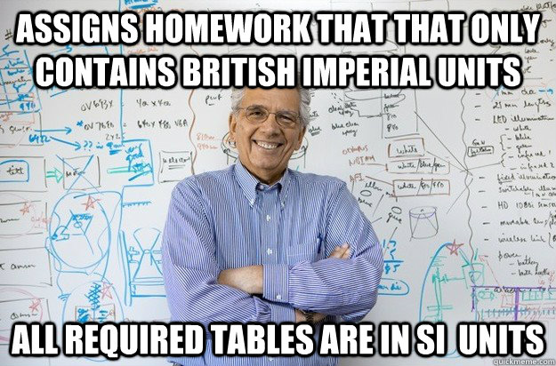 Assigns homework that that only contains British Imperial units All required tables are in Si  units  Engineering Professor