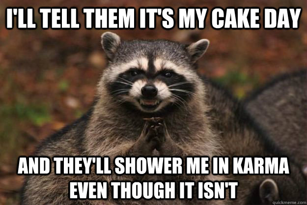 I'll tell them it's my cake day And they'll shower me in Karma even though it isn't - I'll tell them it's my cake day And they'll shower me in Karma even though it isn't  Evil Plotting Raccoon