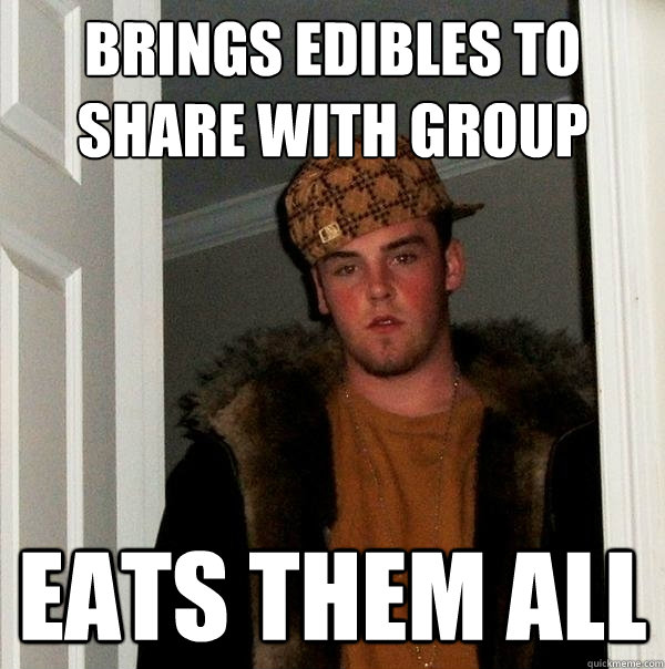 Brings edibles to share with group Eats them all  Scumbag Steve