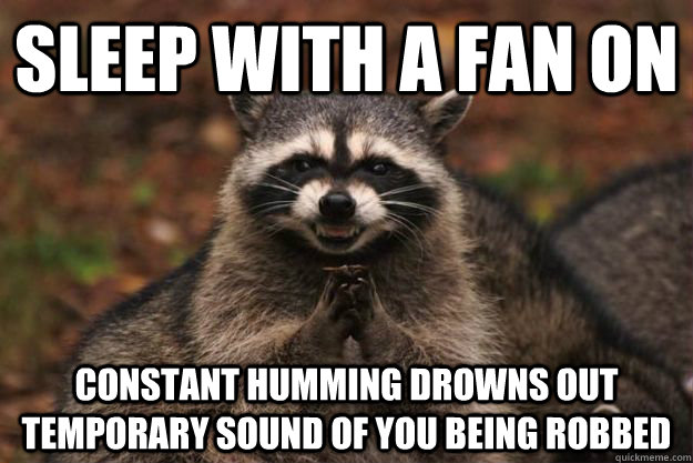 Sleep with a fan on constant humming drowns out temporary sound of you being robbed  Evil Plotting Raccoon