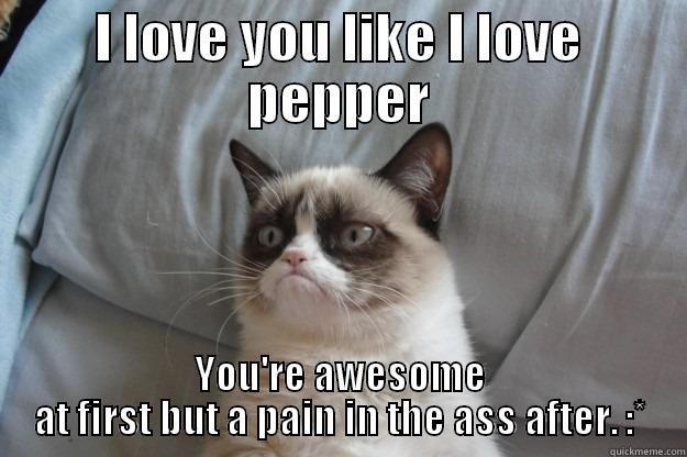 I LOVE YOU LIKE I LOVE PEPPER YOU'RE AWESOME AT FIRST BUT A PAIN IN THE ASS AFTER. :* Grumpy Cat