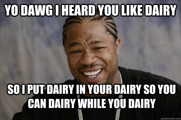 Yo dawg I heard you like dairy so i put dairy in your dairy so you can dairy while you dairy  Xzibit meme 2