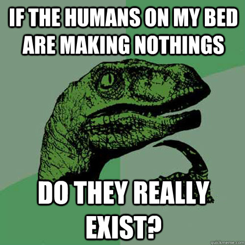 if the humans on my bed are making nothings do they really exist?  Philosoraptor