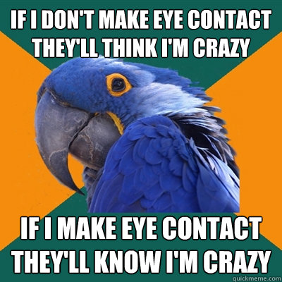 If I don't make eye contact they'll think I'm crazy if i make eye contact they'll know i'm crazy  Paranoid Parrot