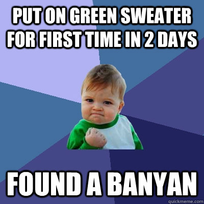 Put on green sweater for first time in 2 days Found a banyan  Success Kid