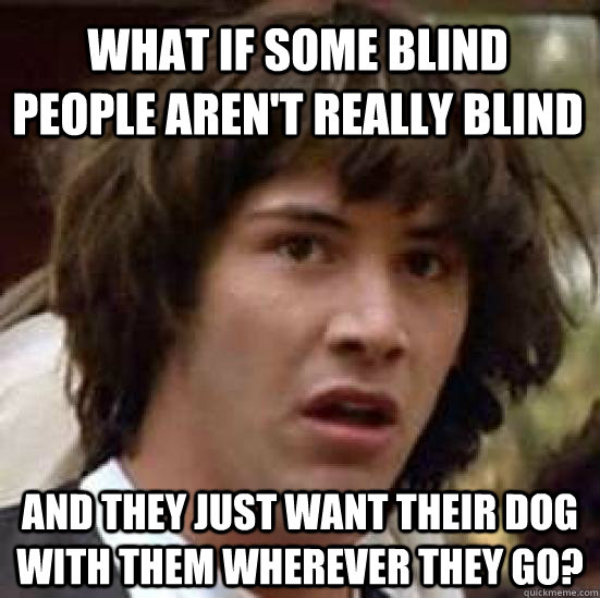 What if some blind people aren't really blind and they just want their dog with them wherever they go?  conspiracy keanu