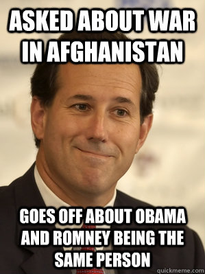 Asked about war in Afghanistan Goes off about Obama and Romney being the same person  