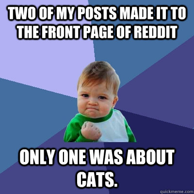 Two of my posts made it to the front page of reddit Only one was about cats.  Success Kid