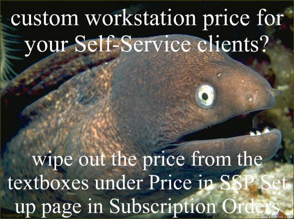 custom workstation price for your Self-Service clients? wipe out the price from the textboxes under “Price” in SSP Set up page in Subscription Orders  Bad Joke Eel