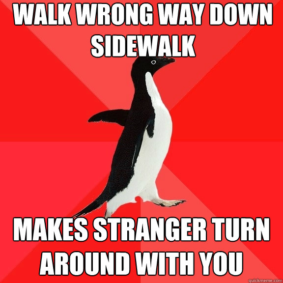 Walk wrong way down sidewalk makes stranger turn around with you  Socially Awesome Penguin