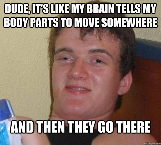 DUDE, IT's LIKE MY BRAIN TELLS MY BODY PARTS TO MOVE SOMEWHERE AND THEN THEY GO THERE - DUDE, IT's LIKE MY BRAIN TELLS MY BODY PARTS TO MOVE SOMEWHERE AND THEN THEY GO THERE  The High Guy