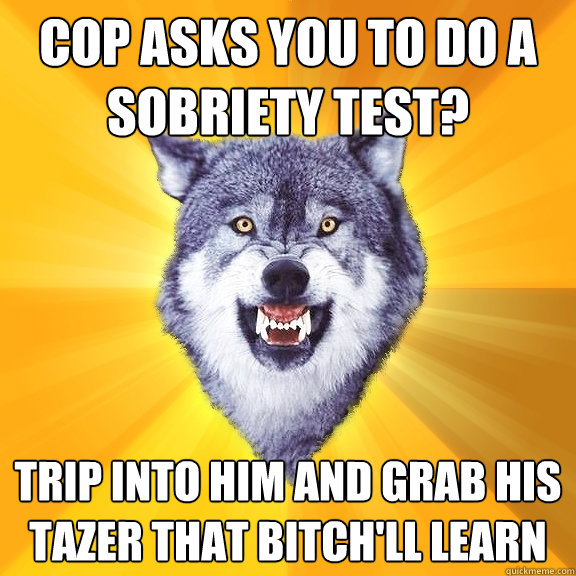 cop asks you to do a sobriety test? trip into him and grab his tazer that bitch'll learn  Courage Wolf