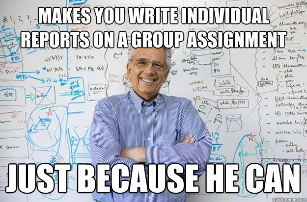 makes you write individual reports on a group assignment just because he can - makes you write individual reports on a group assignment just because he can  Engineering Professor