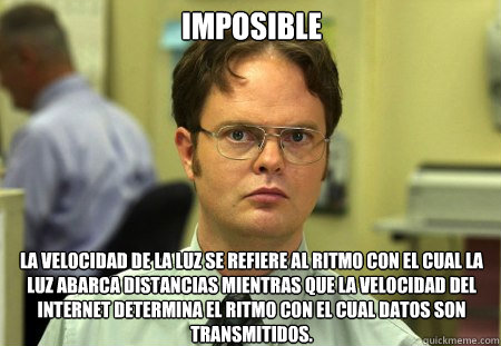 IMPOSIBLE La velocidad de la luz se refiere al ritmo con el cual la luz abarca distancias mientras que la velocidad del internet determina el ritmo con el cual datos son transmitidos.  Dwight