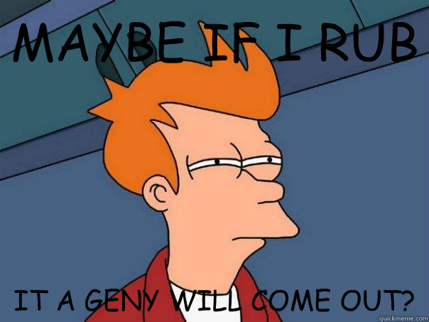 MAYBE IF I RUB IT A GENY WILL COME OUT?  Futurama Fry