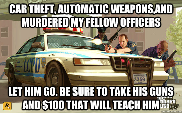 Car theft, automatic weapons,and murdered my fellow officers  Let him go. be sure to take his guns and $100 that will teach him  GTA Cop