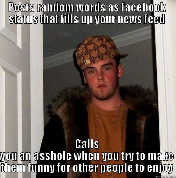 POSTS RANDOM WORDS AS FACEBOOK STATUS THAT FILLS UP YOUR NEWS FEED CALLS YOU AN ASSHOLE WHEN YOU TRY TO MAKE THEM FUNNY FOR OTHER PEOPLE TO ENJOY Scumbag Steve