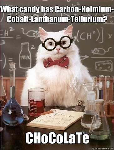 What candy has Carbon-Holmium-Cobalt-Lanthanum-Tellurium? CHoCoLaTe - What candy has Carbon-Holmium-Cobalt-Lanthanum-Tellurium? CHoCoLaTe  Chemistry Cat