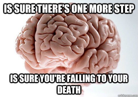 Is sure there's one more step Is sure you're falling to your death  Scumbag Brain