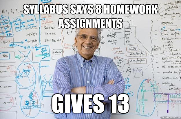 Syllabus says 8 homework assignments gives 13 - Syllabus says 8 homework assignments gives 13  Engineering Professor