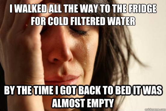 I walked all the way to the fridge
for cold filtered water by the time i got back to bed it was almost empty - I walked all the way to the fridge
for cold filtered water by the time i got back to bed it was almost empty  First World Problems