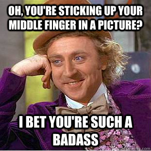 Oh, you're sticking up your middle finger in a picture?  I bet you're such a badass  Condescending Wonka