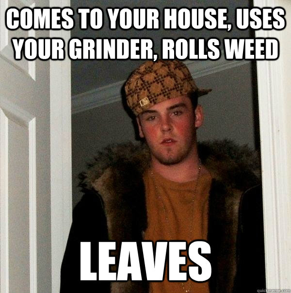 Comes to your house, uses your grinder, rolls weed leaves - Comes to your house, uses your grinder, rolls weed leaves  Scumbag Steve