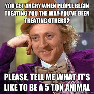 You get angry when people begin treating you the way you've been treating others? Please, tell me what it's like to be a 5 ton animal - You get angry when people begin treating you the way you've been treating others? Please, tell me what it's like to be a 5 ton animal  Condescending Wonka