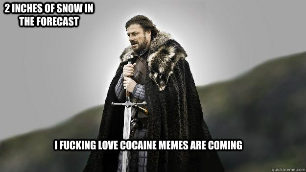 I fucking love cocaine memes are coming 2 inches of snow in the forecast  Ned stark winter is coming