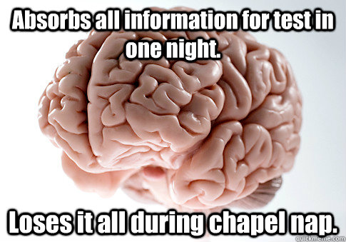 Absorbs all information for test in one night. Loses it all during chapel nap.  Scumbag Brain