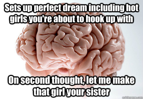 Sets up perfect dream including hot girls you're about to hook up with On second thought, let me make that girl your sister   Scumbag Brain