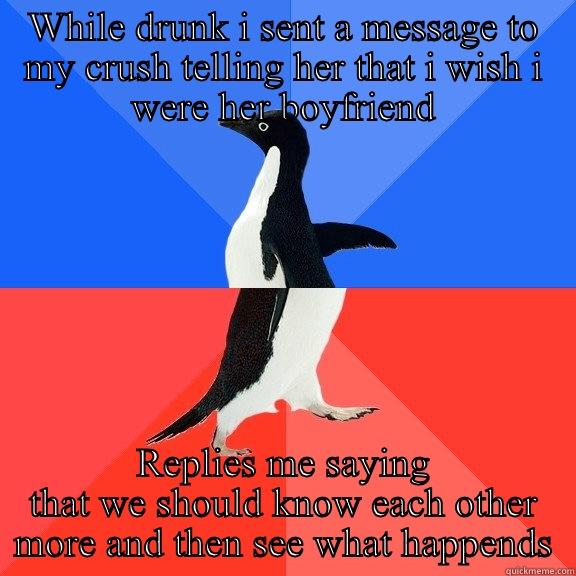 WHILE DRUNK I SENT A MESSAGE TO MY CRUSH TELLING HER THAT I WISH I WERE HER BOYFRIEND REPLIES ME SAYING THAT WE SHOULD KNOW EACH OTHER MORE AND THEN SEE WHAT HAPPENDS Socially Awkward Awesome Penguin