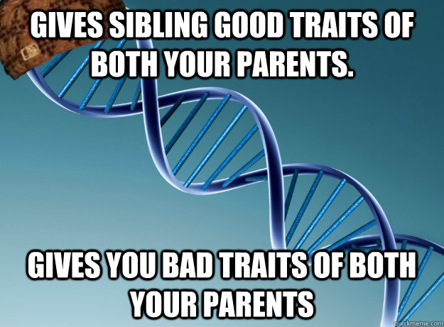 Gives sibling good traits of both your parents. Gives YOU bad traits of BOTH your parents - Gives sibling good traits of both your parents. Gives YOU bad traits of BOTH your parents  Scumbag Genetics